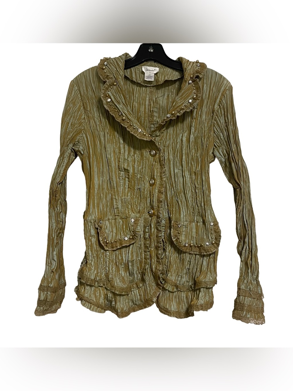 Vintage Metallic Crinkle Ruffle Shirt with Embellished Trim
